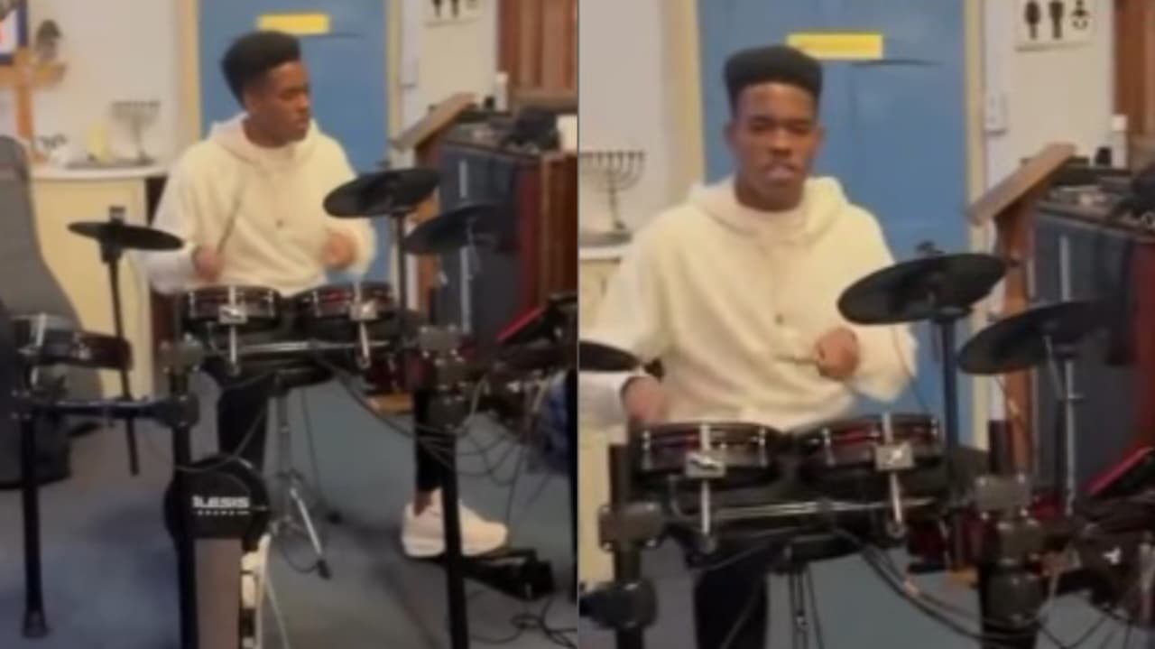 craque-da-selecao,-estevao-toca-bateria-durante-culto-em-londres