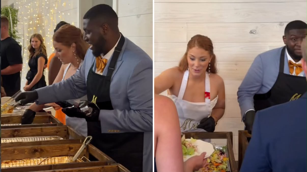 inspirados-por-jesus,-noivos-servem-jantar-aos-convidados-em-casamento