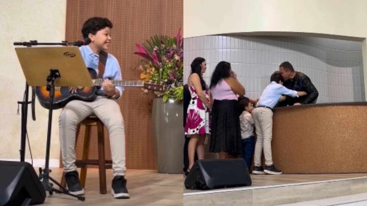 enquanto-tocava-na-igreja,-menino-se-emociona-ao-ver-pai-se-batizar-de-surpresa